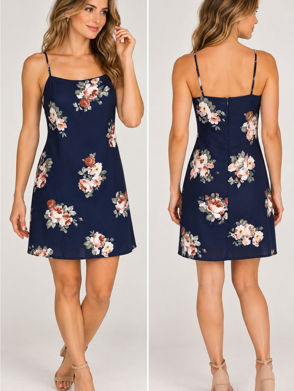 Trixxi Navy Blue Floral Spaghetti Strap Mini Dress Size Small